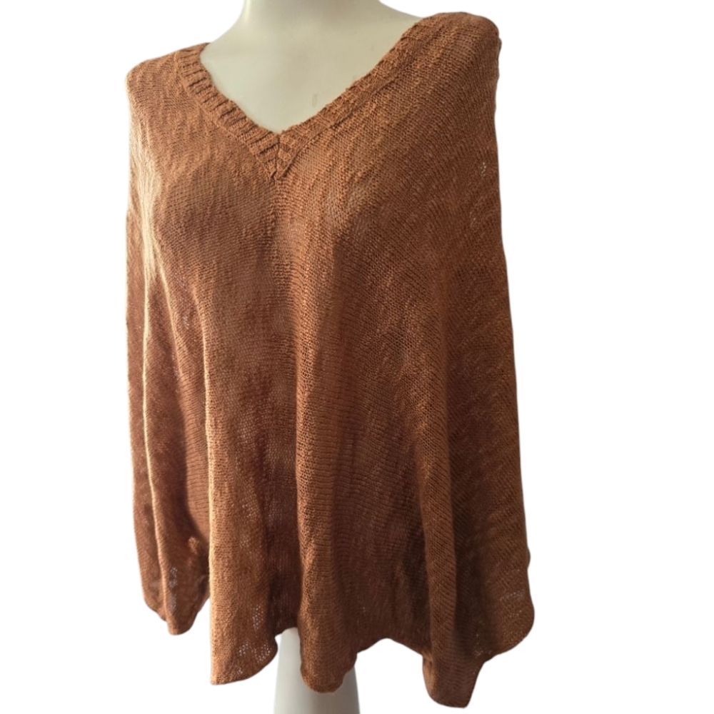 Kye Mi Women's V-Neck Brown Sweater Shrug Poncho Lightweight Rust Brown NWT